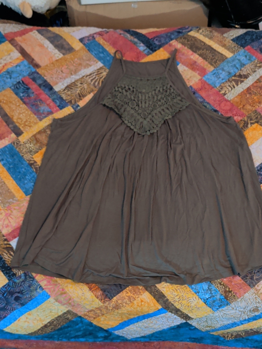 Dark Olive Crochet Yoke Halter Cami Sz 2X